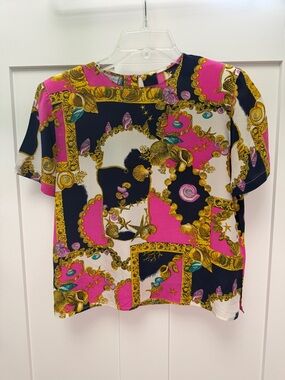 Diversity 100% silk Vibrant Pink & Navy Baroque Print Blouse